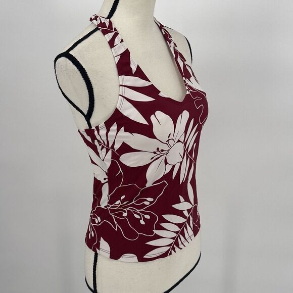 Cherokee Red Floral Hawaiian Halter Tie Tankini Top Swimsuit Built in Bra Size 8 - Picture 7 of 9